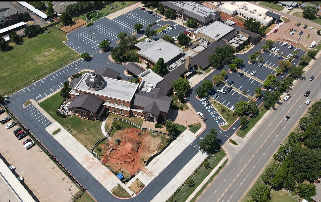 Aerial view of church campus parking lot paving